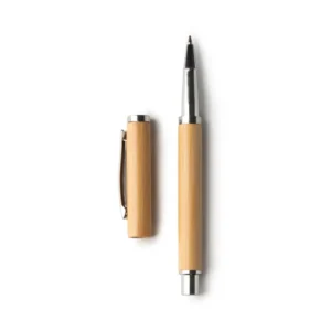 Bolígrafo roller de bambú con acabados metálicos